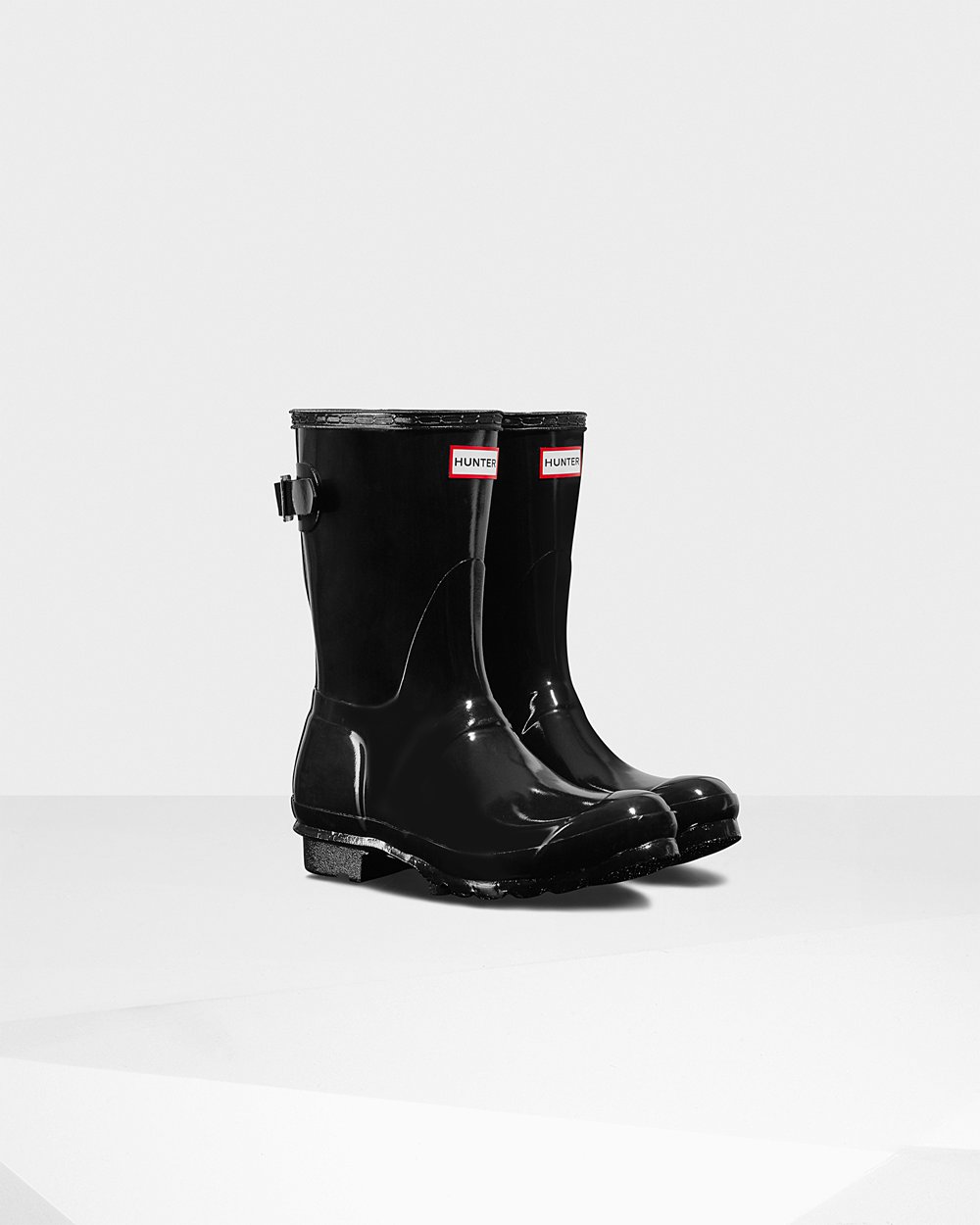 Womens Short Rain Boots - Hunter Original Back Adjustable Gloss (84HGKTBRS) - Black